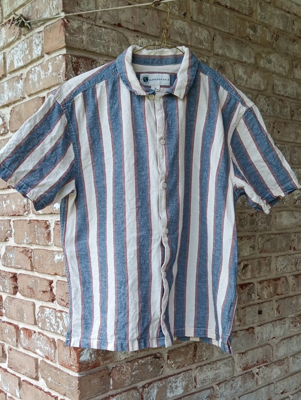 Hemp & Cotton Blend Vertical Stripe Short-Sleeve Button-Down